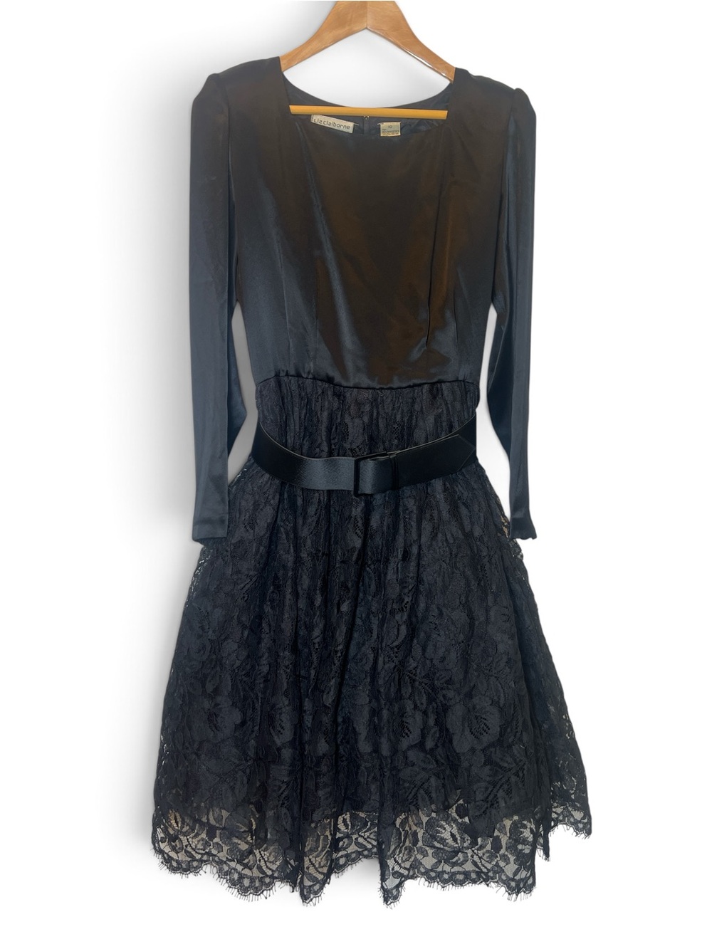 Liz Claiborne Black Lace Satin Cocktail Dress Size 10 Tulle Petticoat Vintage